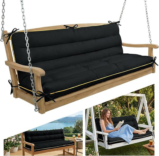 60×40 INCH Outdoor Swing Cushion with Backrest, Tie Straps & Memory Foam - Replacement for Porch Bench 2/3 Seater, Oxford Fabric (Black, 60 INCH × 40 INCH)
