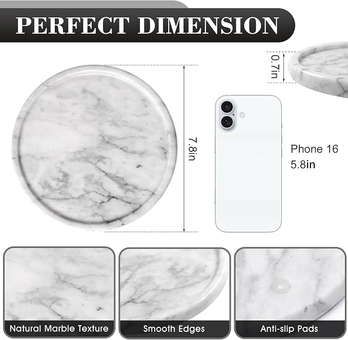Natural Round Marble Tray - 7.8" Marble Vanity Tray for Dresser, Bathroom, Decorative Jewelry Dish for Perfumes Rings Earrings Necklaces, Stone Tray for Home Décor, White