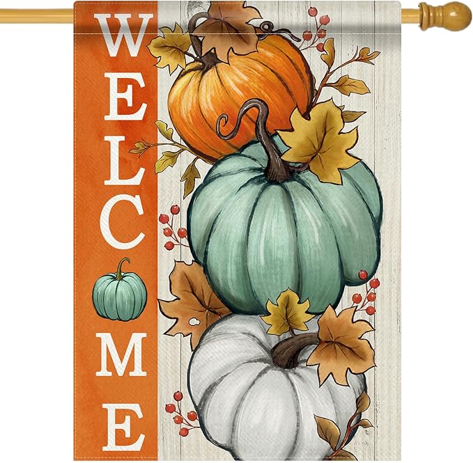 Welcome Fall Pumpkins Decorative House Flag, Autumn White Teal Pumpkin Farmhouse Garden Yard Outside Decorations, Thanksgiving Seasonal Burlap Outdoor Large Home Decor Double Sided 28 x 40