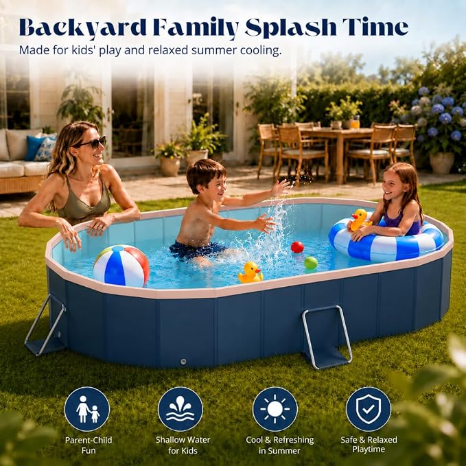 6 ft Foldable Non-Inflatable Swimming Pool, 72.04 x 54.33 x 17.71 in, Blue PVC Backyard Pool with Aluminum Alloy Triangle Supports for 1 Adult and 1 Child