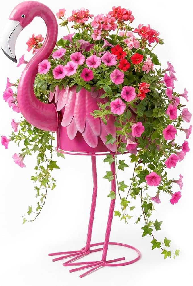 Metal Standing Flamingo Planters with Drain Hole Flamingo Flower Holder Large Planter Pots for Indoor Outdoor Lawn Garden Yard Decor