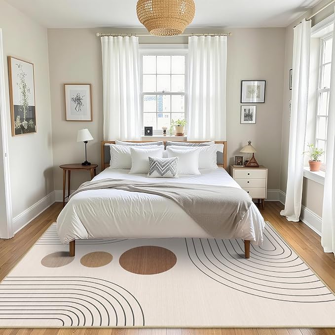 Area Rug 5x7 Boho Modern Minimalist Geometric Abstract Rug Neutral Beige Mid Century Modern Rug for Living Room Machine Washable Non-Slip Printed Low Pile Indoor Carpet for Bedroom Dining Room Office