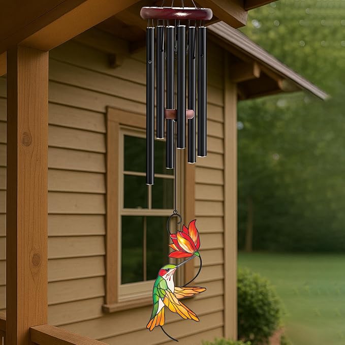 Personalized Metal Wind Chime Garden Sign, 40 Inch Outdoor Colorful Bird & Flower Memorial Decor, Yard Hanging Plaque for Patio Porch Lawn (JSTY382)