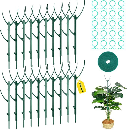 20Pack Monstera Plant Support Stakes, Stackable Plant Support Stakes in Bulk, with 20 Twist Clips & 16.4FT Plant Ties, Plant Stakes for Outdoor Indoor Potted Plants Reusable Climbing Plant Support