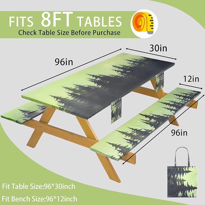Fitted Waterproof Picnic Table Cover with Bench Covers Elastic 96×30In 3 Piece Camping Table Cloth for 8Ft Rectangle Tables Outdoor Camper Gifts Supplies Patio Rv Traveling Hiking Must Haves