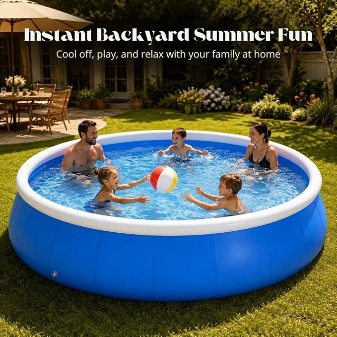 Large Inflatable Pool, 12 ft x 30 in (366 x 76 cm), Blue and White Round 3-Ply Laminated Mesh PVC Backyard Swimming Pool for 6-8 People, Foldable Kiddie Pool for Family Summer Fun