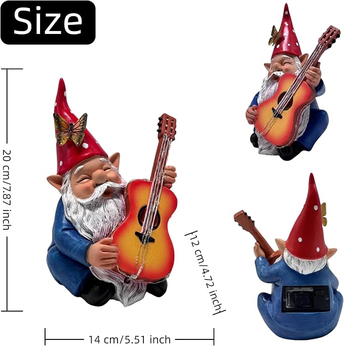 Funny Garden Gnome Statue Solar Hippie Gnomes Decorations Figurine Yard Ornament Gnome Playing Lighted Guitar LED Lawn Patio Porch Decor for Outdoor House Housewarming Gifts for Women
