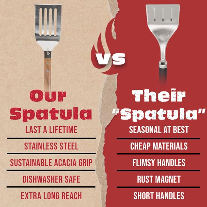BBQ-AID Pro BBQ Metal Spatula - 17" Barbecue Spatula Stainless Steel with Serrated Knife Edge - Acacia Wood Handle - Heavy Duty Built to Last