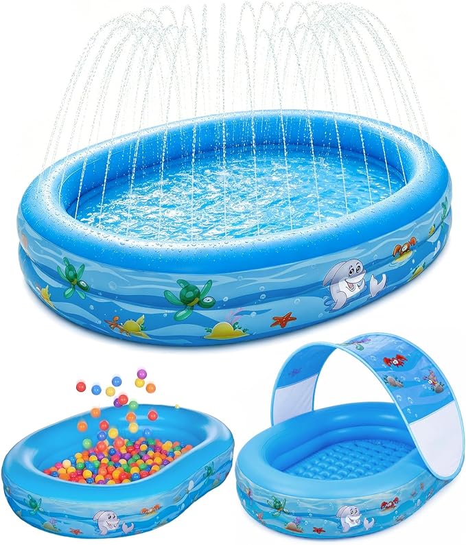 Inflatable Kids Pool with Canopy and Sprinkler 65" x 46", Kiddie Blow Up Pool with Shade Cover for Baby Swimming, Toddler Ball Pit for Backyard Water Fun Indoor Outdoor Summer Toys