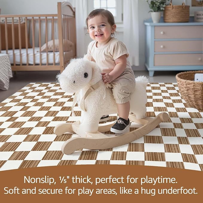 jinchan 5x7 Area Rug Washable Modern Checkered Rug for Kids Room, Brown | Geometric Lattice, Soft, Non-Slip, Floor Carpet, Kitchen, Nursery, Bedroom, Living Room, Dining Room, Nursery, Playroom