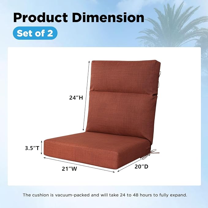 Outdoor Patio Chair Cushions 44x21x3.5 inch, Set of 2 Thicken Comfy Cushions for Rocker Non Slip Fade Shield Water Repellent High Back with Ties, Terra Cotta