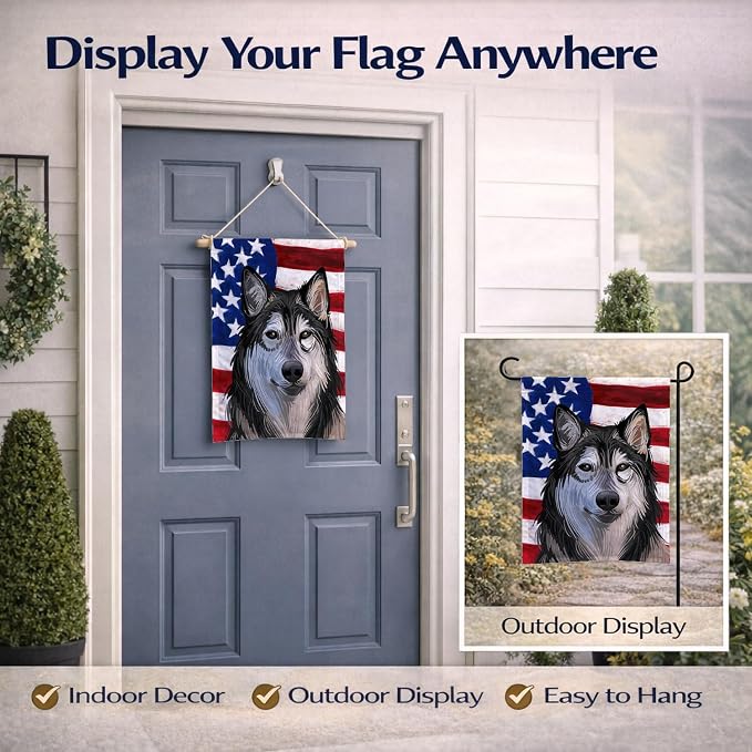 Caroline's Treasures CK6734GF Tamaskan Dog American Flag Garden Flag Mailbox Flag Decorative Yard Flag Banner Outside Patio Artwork Yard Flower Beds, Garden Size, Multicolor