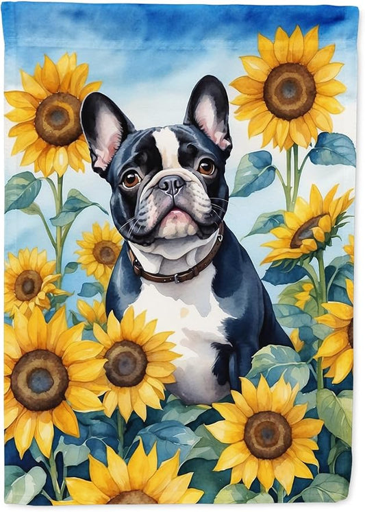 Caroline's Treasures DAC6082CHF French Bulldog in Sunflowers House Flag Large Porch Sleeve Pole Decorative Outside Yard Banner Artwork Wall Hanging, Polyester, House Size, Multicolor
