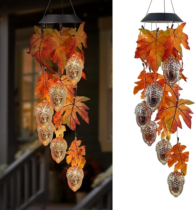 Solar Acorns Wind Chimes for Outside,Oak Leaves Danglers Mobile Lights,Outdoor Hanging Fall Decor for Garden Patio Yard,Thanksgiving Birthday Gifts for Women
