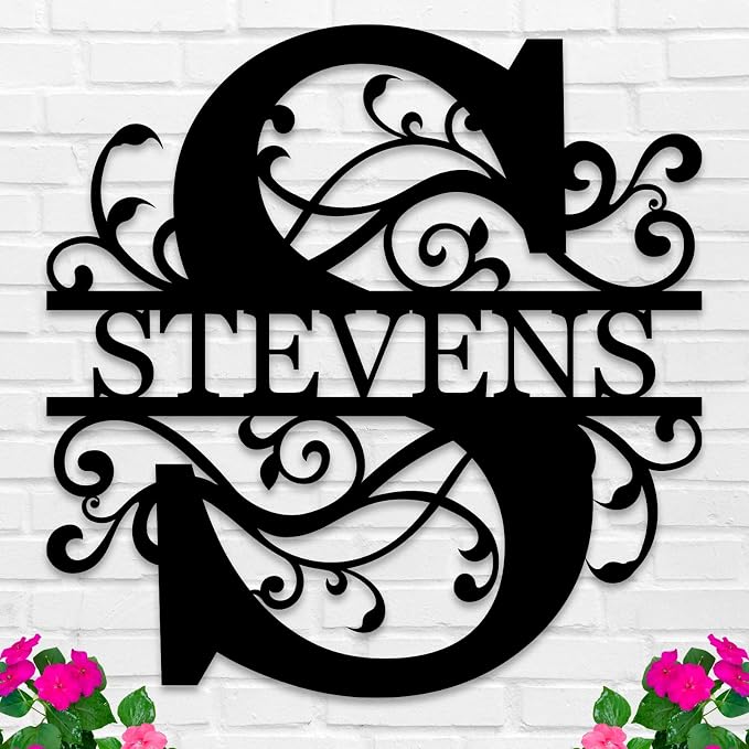 Personalized Family Name Sign Custom Last Name Metal Wall Decor, Monogram Initial Letter Sign with Elegant Scroll Design, Split Letter Family Name Wall Art, Rustic Farmhouse Home Decoration, Front Door Porch Decor, Wedding Gift, Housewarming Gift