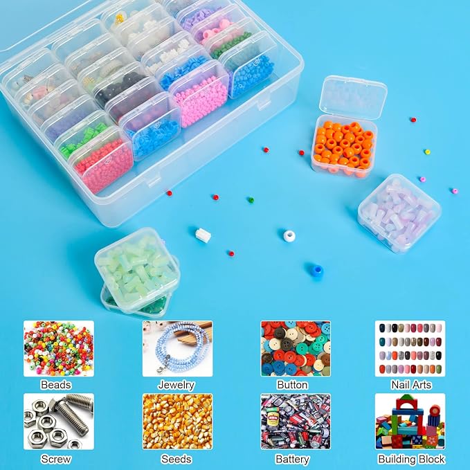Bead Organizer Box, 28Pcs Small Clear Plastic Storage Containers, 1 Large Craft Organizer Box, 1 Sheet Label, Mini Parts Storage Solution for Beading Jewelry Making Diamond Arts Screws Seeds