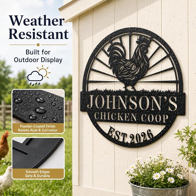 Personalized Chicken Coop Metal Sign Custom Farmhouse Name Plaque with Rooster Sunburst, Outdoor Hen House Wall Decor for Backyard Farmers and Chicken Lovers