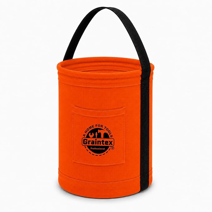 Graintex Canvas Utility Bucket 9.5"x14", Round Tool Bucket, Reinforced Base & Carry Handle, Ripstop Canvas, Ideal Multi-Purpose Bag for Jobsite, Gardening, Home Use, Tool Storage - Orange