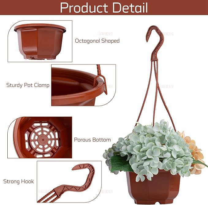 AUEAR, 50 Pack Plastic Hanging Plant Pots Containers Outdoor Indoor Planters with Drainage Holes Hooks Brown