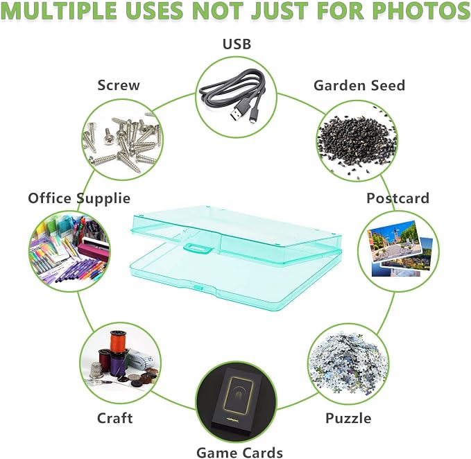 Photo Storage Box 5" x 7", 18 Inner Extra Large Photo Organizer Container, Plastic Craft Storage Box with Handle for Pictures Stickers Stamps Seeds