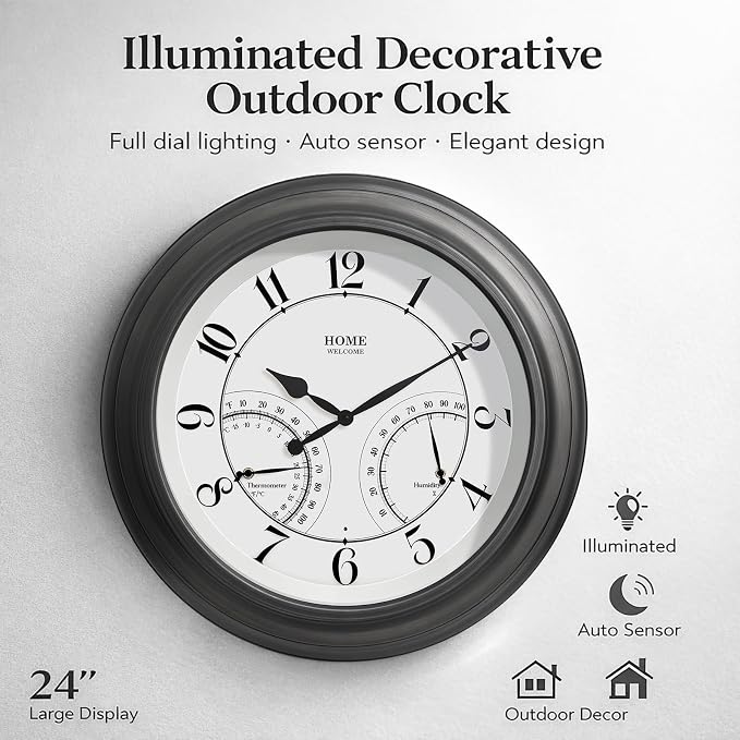 Pytha Sight 24 Inch Outdoor Clocks Waterproof, Large Easy-to-Read Illuminated Outdoor Wall Clock with Smart Light Sensor, Silent Large Outdoor Clock for Patio, Pool,Porch,Garden,Backyard