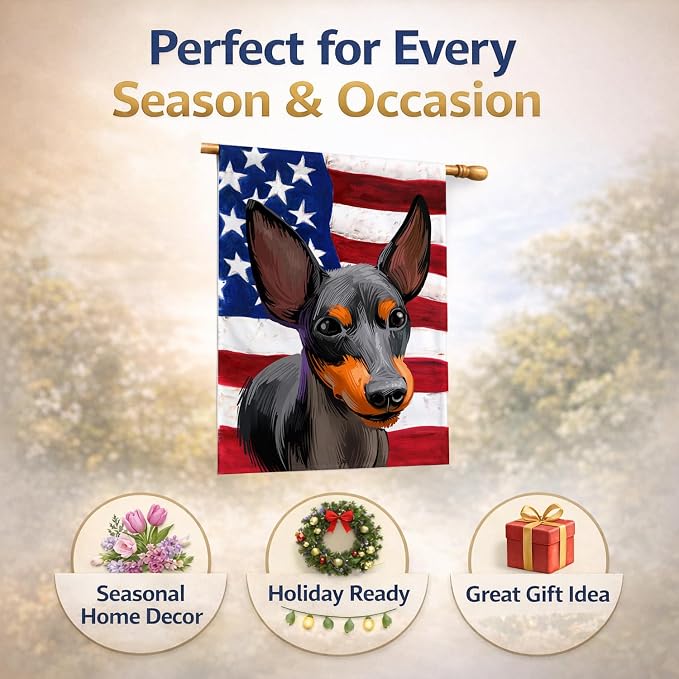 Caroline's Treasures CK6515CHF English Toy Terrier American Flag House Flag Large Porch Sleeve Pole Decorative Outside Yard Banner Artwork Wall Hanging, Polyester, House Size, Multicolor