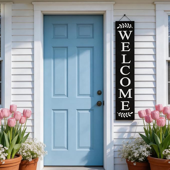 Welcome Sign for Front Porch, 47" Large Wooden Welcome to Our Home Sign Door Hanging Standing Plaque, Farmhouse Vertical Outdoor Porch Decorations for Yard Patio Entrance, Black