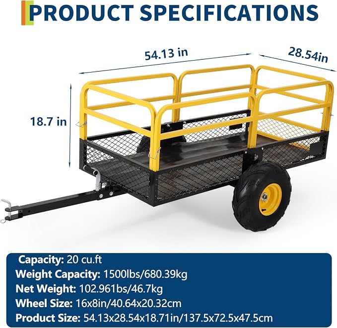 Garvee ATV UTV Trailer Tow Behind Dump Cart, Heavy Duty Yard Garden Trailer | 1500 lbs 20 Cubic Feet, Removable Sides & All Terrain Tires, ATV UTV Trailer For Lawn Mower Tractor, Yard Garden Use