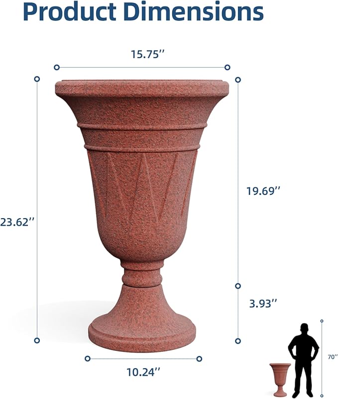 Tall Urn Planters for Outdoor Plants Set of 2-23.6" H Vintage Trophy Outdoor Planters for Porch Decor with Drainage Hole, Indoor Large Flower Pots, Pedestal Planter/Garden Vase, Brick Red