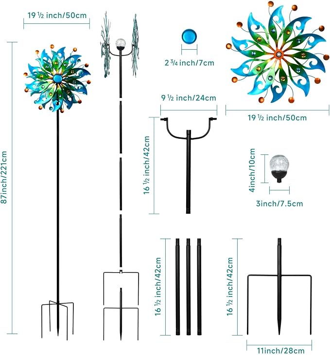 87" Large Solar Wind Spinners Outdoor, Peacock Metal Garden Decor | Handcrafted,Large,Solar-Powered Color-Changing,Rust-Proof,Weather-Resistant,Heavy-Duty,Tool-Free Assembly,Peacock