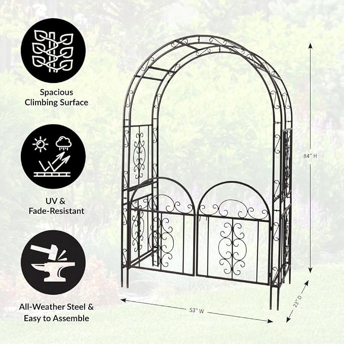 Plow & Hearth Arch Metal Outdoor Garden Arbor Double Gate | Montebello | 7 Feet Tall | Gunmetal Black | Steel Iron Trellis Lattice Climbing Plants & Heavy Vines