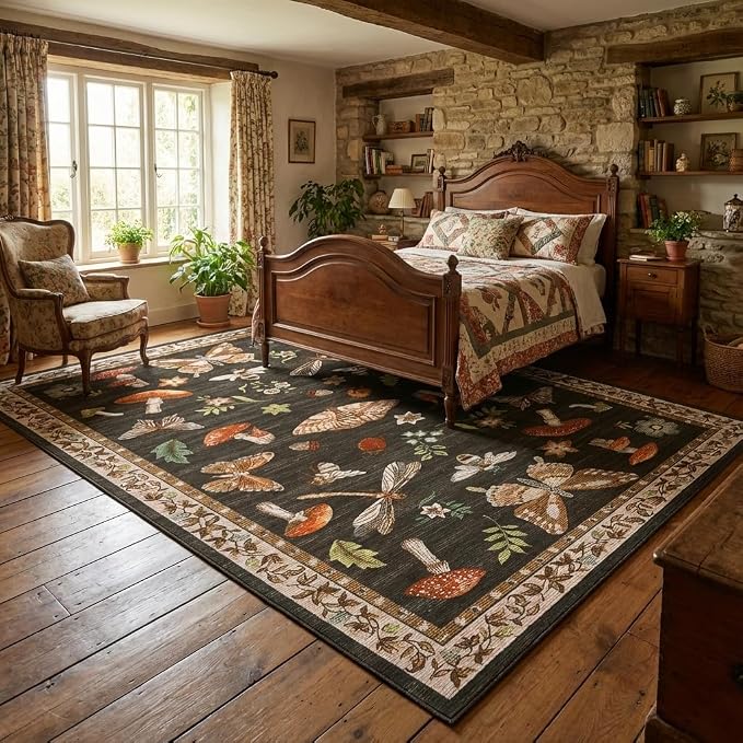 Mushroom 10x13 Area Rug for Living Room Washable Non Slip Forest Soft Low-Pile Stain Resistant Thin Large Throw Carpet for Bedroom Dining Room Office Brown