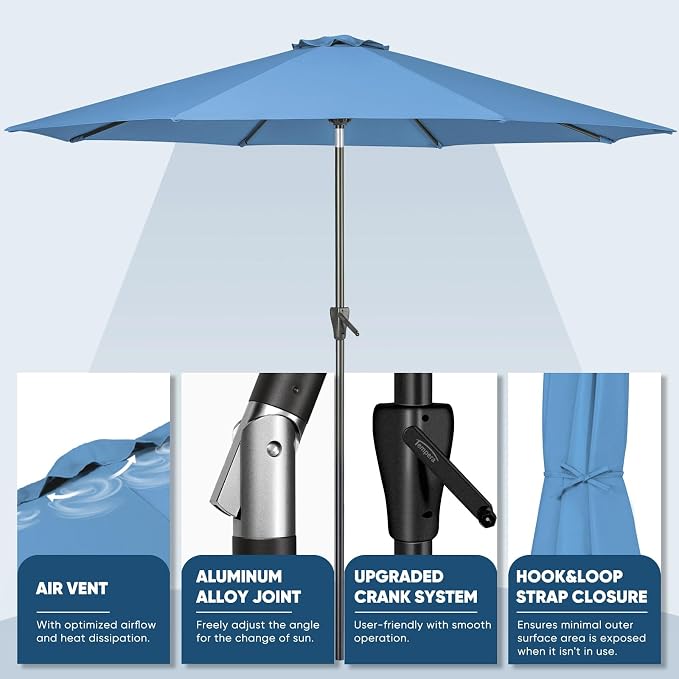 Tempera Patio Market Outdoor Table Umbrella with Auto Tilt and Crank, Large Sun Umbrella with Sturdy Pole & Fade Resistant Canopy, Easy to Set