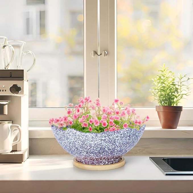 ARTKETTY Bonsai Pots - 9.06'' Ceramic Pots for Indoor Plants, Large Succulent Pots with Drainage Bamboo Tray, Unique Bonsai Tree Planters Round Cactus Flower Plant Container Bowl Home Office Decor