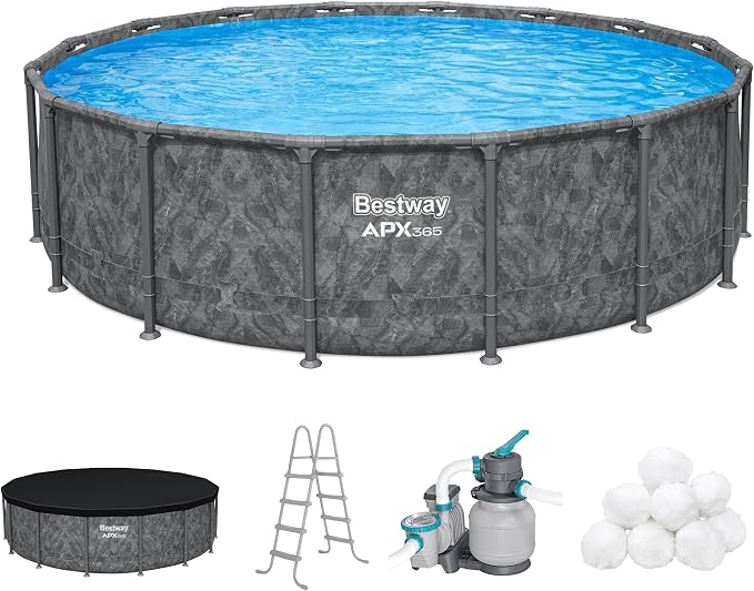 Bestway APX 365 16' x 48" Above Ground Pool Set with Sand Filter Pump | Long-Lasting All-Season Swimming Pool with Galvanized Steel Frame - Ladder, Cover, and Polysphere Filtration Balls Included