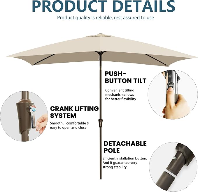 6.5x10FT Rectangular Patio Umbrella with Push Button Tilt & Crank Lift for Garden,UV Protection Outdoor Umbrella for Deck,Pool and Yard,White