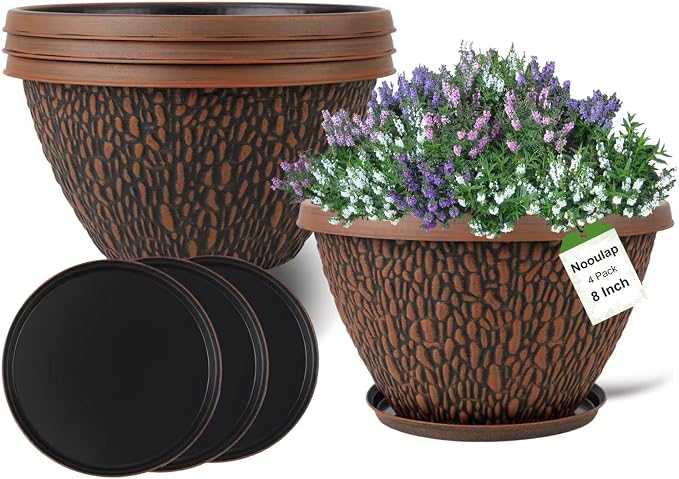 Nooulap 4 Pack 8 Inch Plant Pots Outdoor Indoor, Small Flower Pots with Drainage Hole & Tray, Thickened Plastic Outdoor Planters for Garden House Decor
