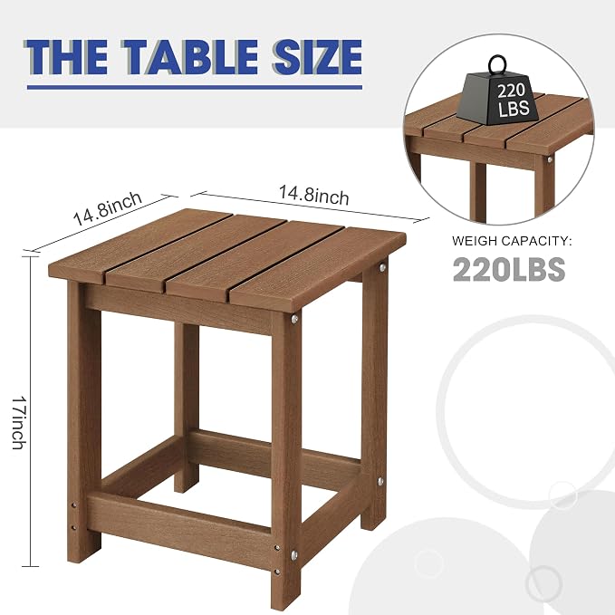 LZRS Patio Side Table, Heavy Duty HDPE Outdoor End Table with Wood Texture, Weatherproof Composite Table for Adirondack Chairs, Deck, Pool, Indoor/Outdoor, No Peeling or Cracking(Brown)