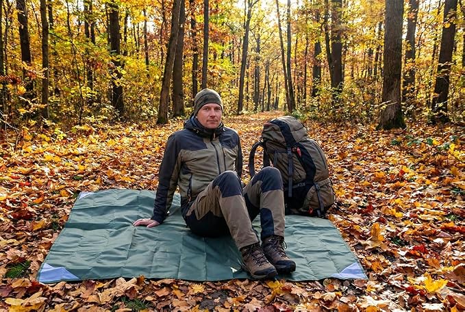 Orga'Neat Pocket Picnic Blanket, Beach Mat Waterproof Sandproof, Compact Lightweight Small Tarp for Camping, Hiking, Backpacking, Festival, Travel, Foldable in Bags (Army Green/Grey, 55"x79")