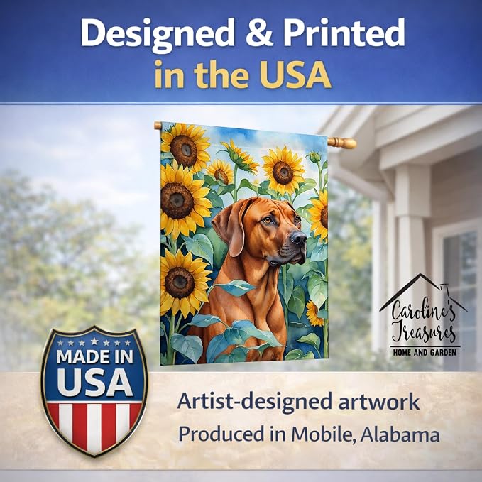 Caroline's Treasures DAC6149CHF Rhodesian Ridgeback in Sunflowers House Flag Large Porch Sleeve Pole Decorative Outside Yard Banner Artwork Wall Hanging, Polyester, House Size, Multicolor
