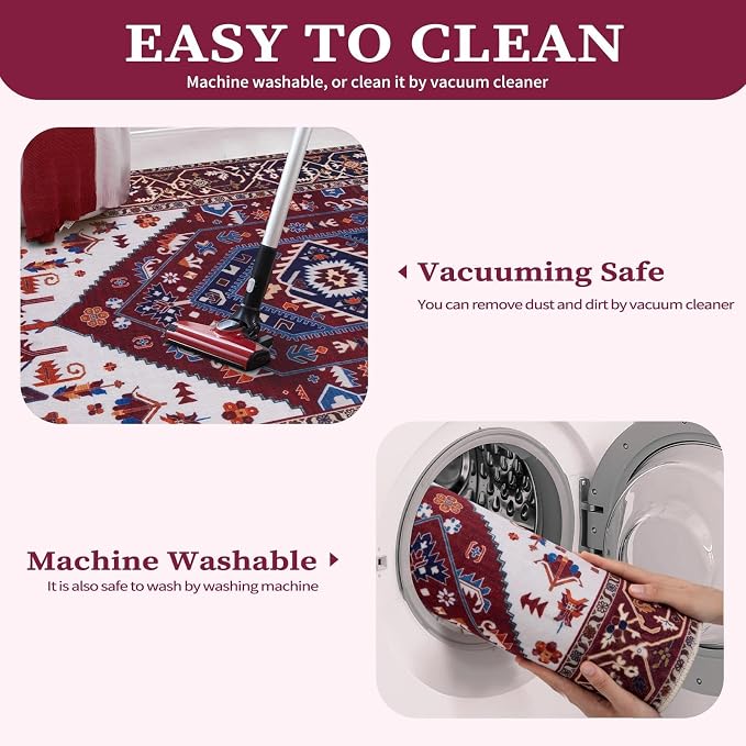 SERISSA 9x12 Washable Non Slip Boho Area Rug for Living Room | Ultra Soft Vintage Oriental Carpet Low-Pile Burgundy Navy Throw Carpet for Dining Room Bedroom Dorm Office Home Decor