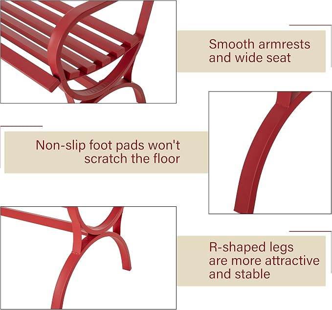 Sophia & William Outdoor Garden Bench Patio Park Bench, Metal Steel Frame Furniture with Backrest and Armrests for Porch Yard Lawn Deck, Red
