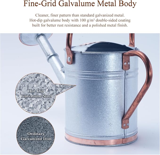 1 Gallon Metal Watering Can with Real Copper Details, Fine-Grid Galvalume Body, Removable Watering Rose for Indoor Plants, Patio and Greenhouse