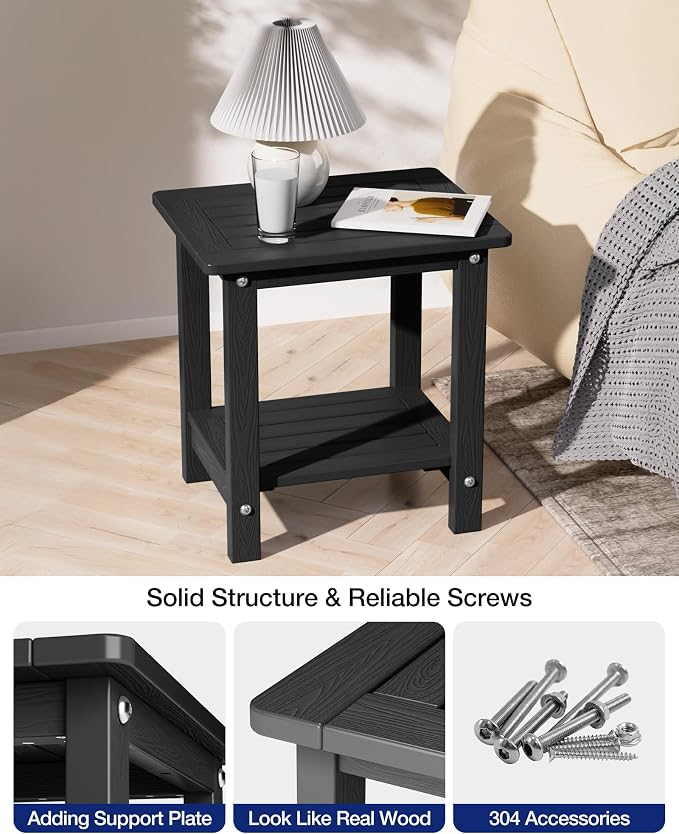 YEFU Outdoor Side Table for Patio: 16" HIPS Weather - Resistant Adirondack Tables Set of 2 - Small Square End Tables for Backyard Pool Porch Balcony - Indoor Outdoor Double Layer Table Black