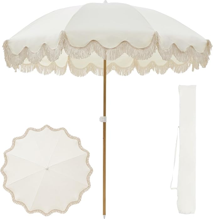 7.5FT Boho Patio Umberlla with Fringe,UPF50+ Outdoor Umbrella with Fiberglass Ribs and Push Button Tilt,Tassels Umbrella for Beach,Terrace,Picnic