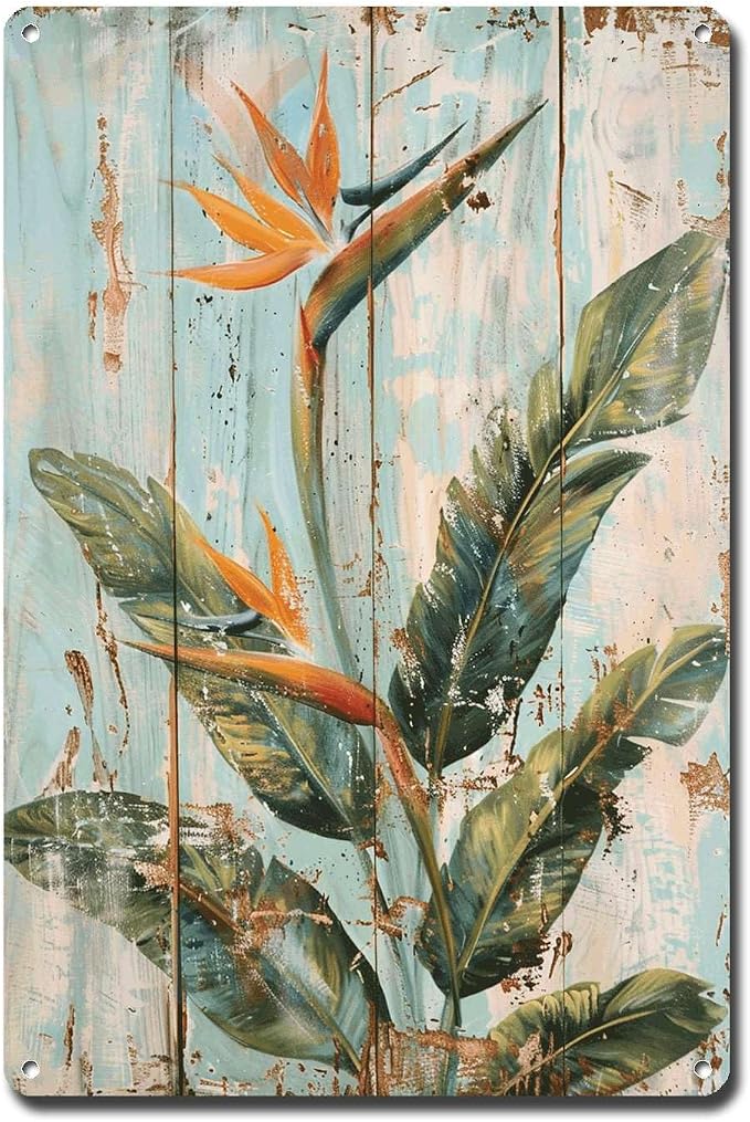 Metal Sign Tin Sign Vintage Wall Art Exotic Bird of Paradise Tin Sign for Rustic Paintings Vintage Charm and Vibrant Leaf Displays Boho Decorations for Home for Bar 6×8 Inches