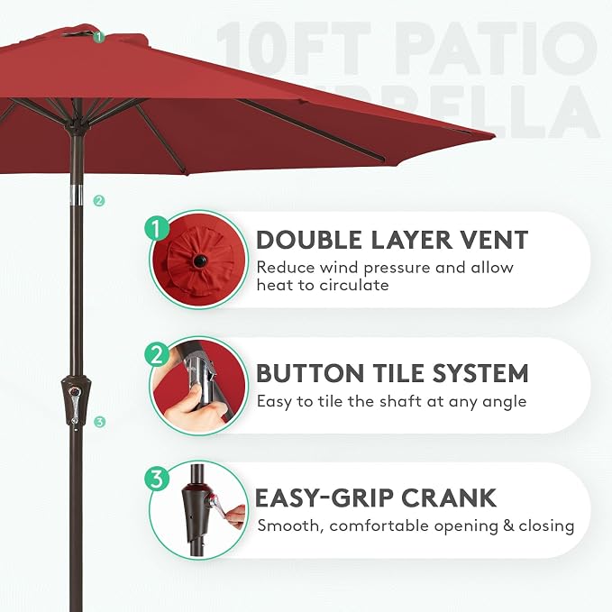 JEAREY 10FT Outdoor Patio Umbrella Outdoor Table Umbrella with Push Button Tilt and Crank, Market Umbrella 8 Sturdy Ribs UV Protection Waterproof for Pool, Garden (Red)