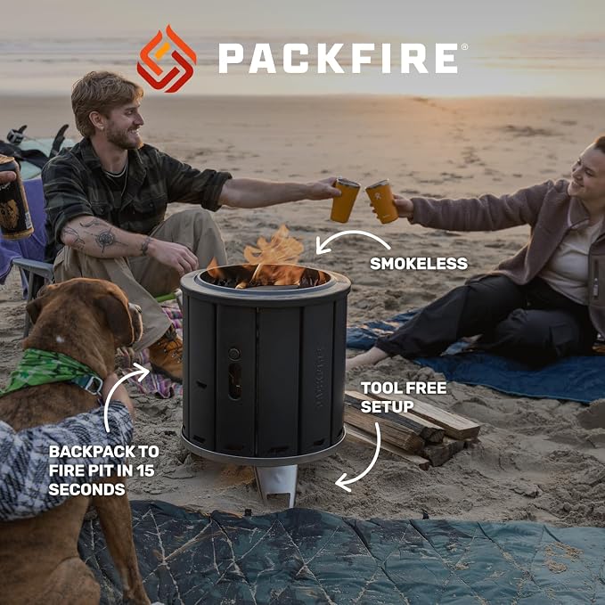 17” Portable Fire Pit for Camping - Collapsible & Folds Flat into Packable Carrying Case - Smokeless, Stainless Steel - Size Compares to Bonfire 19 - Perfect for Car, Overland Camping or RV