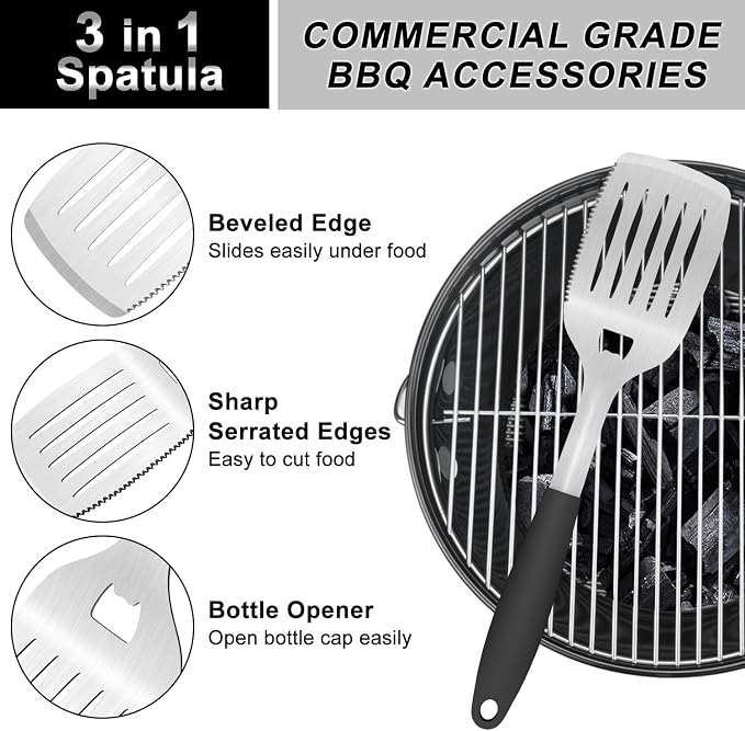 15.8" Heavy Duty Grill Set - Stainless Steel BBQ Tools with Spatula & Fork, Professional Grilling Gifts for Men, Outdoor Barbecue Tool Set