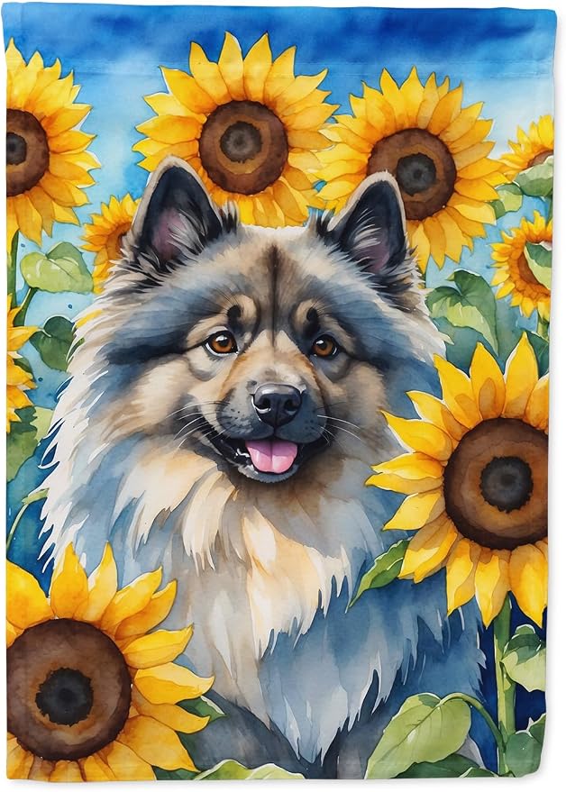 Caroline's Treasures DAC6105CHF Keeshond in Sunflowers House Flag Large Porch Sleeve Pole Decorative Outside Yard Banner Artwork Wall Hanging, Polyester, House Size, Multicolor